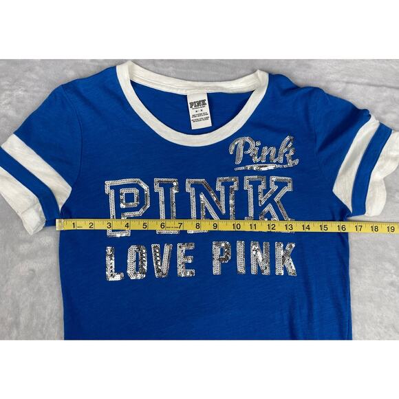 Victory Secret Pink‎ Shirt Women’s Short Sleeve Glitter Blue Jersey Y2K - Picture 9 of 12